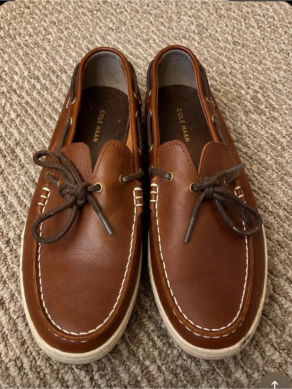 Cole Haan Men's Tan Leather Boat Shoes with White Sole